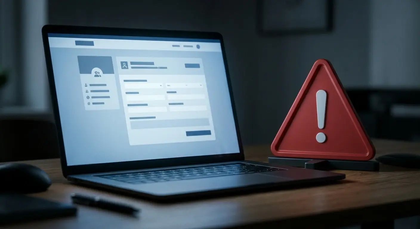 Warnschild-Symbolik vor einem Laptop mit fragwürdigem Online-Casino ohne deutsche Lizenz