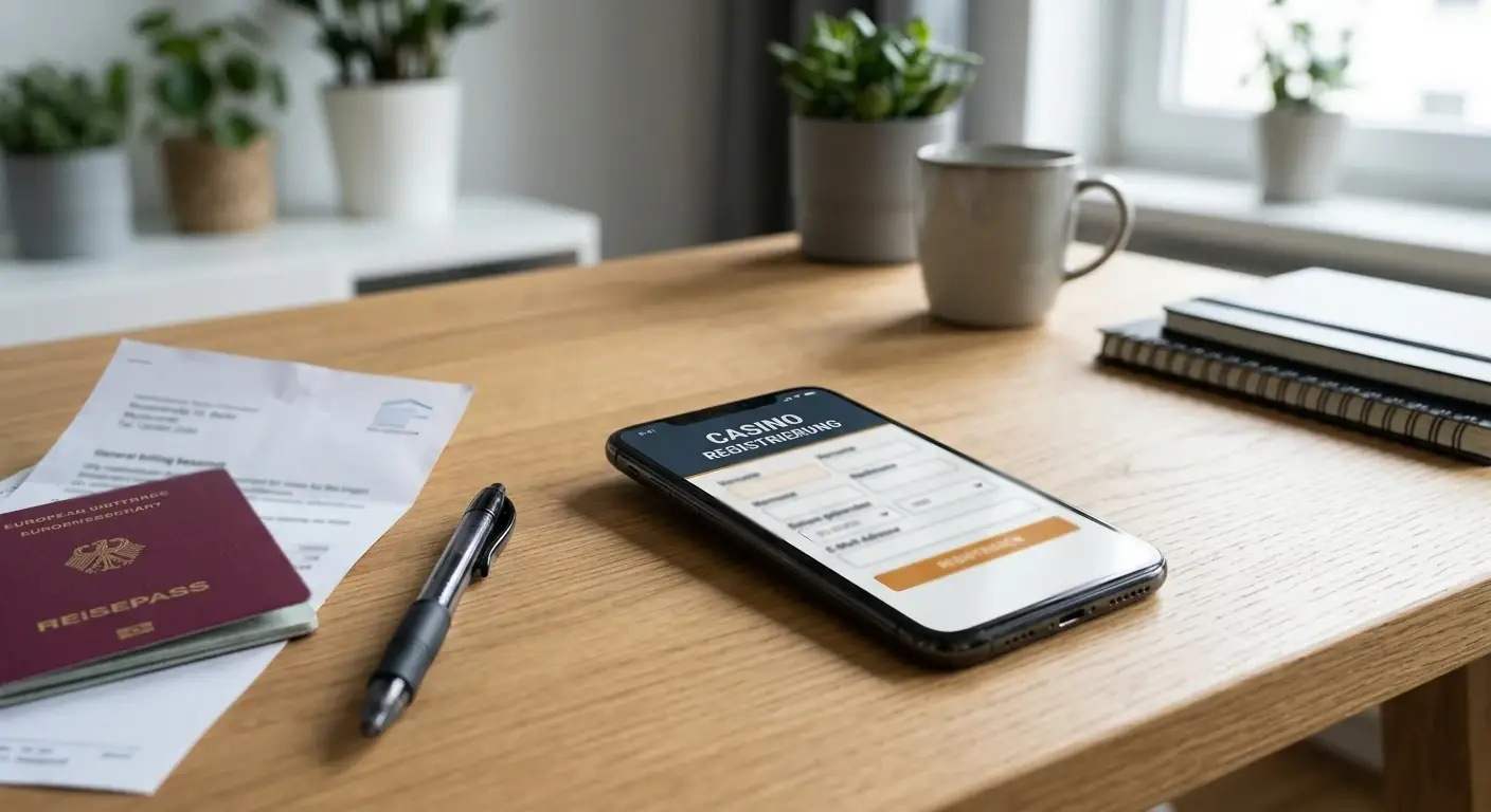 Smartphone mit Casino-Registrierungsformular und KYC-Dokumenten