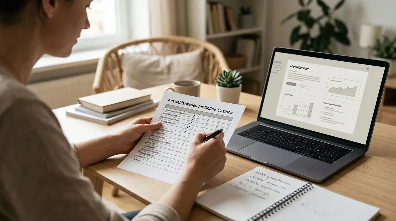 Person prüft mit Stift und Notizblock seriöse Anbieter ohne deutsche Lizenz