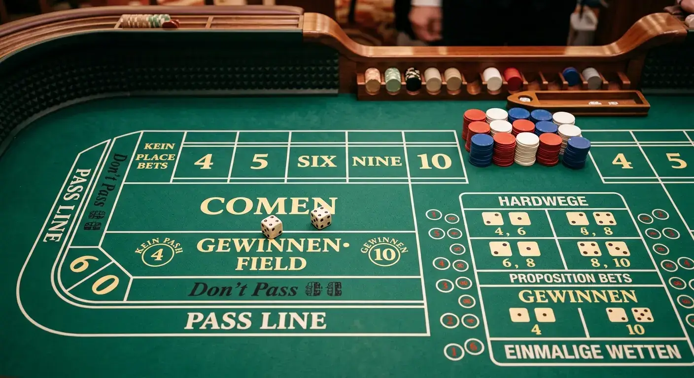 Craps-Tischlayout mit Pass Line und zwei Würfeln im Online Casino