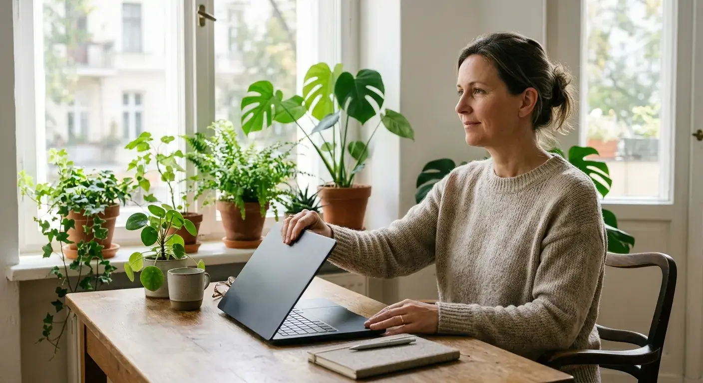 Person klappt am hellen Fenster bewusst den Laptop zu und legt eine Pause ein
