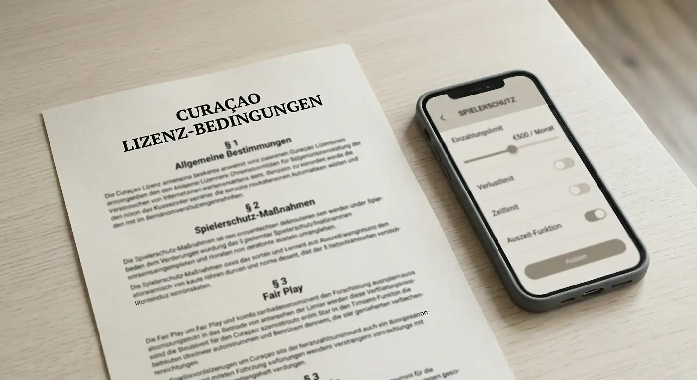 Neutrales Lizenzdokument ohne Wappen neben einem Smartphone mit Spielerschutz-Hinweis