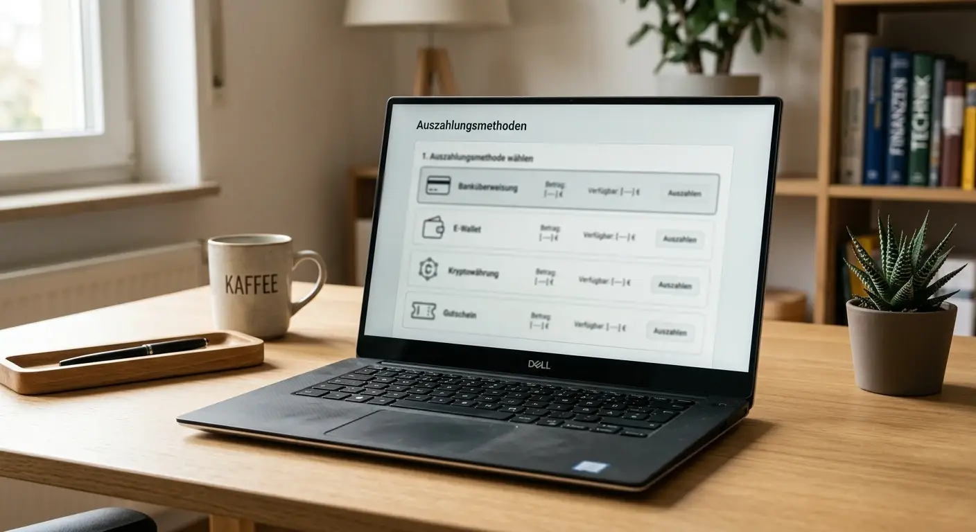 Laptop mit neutraler Anbieterprüfung und offenem Zahlungsbereich