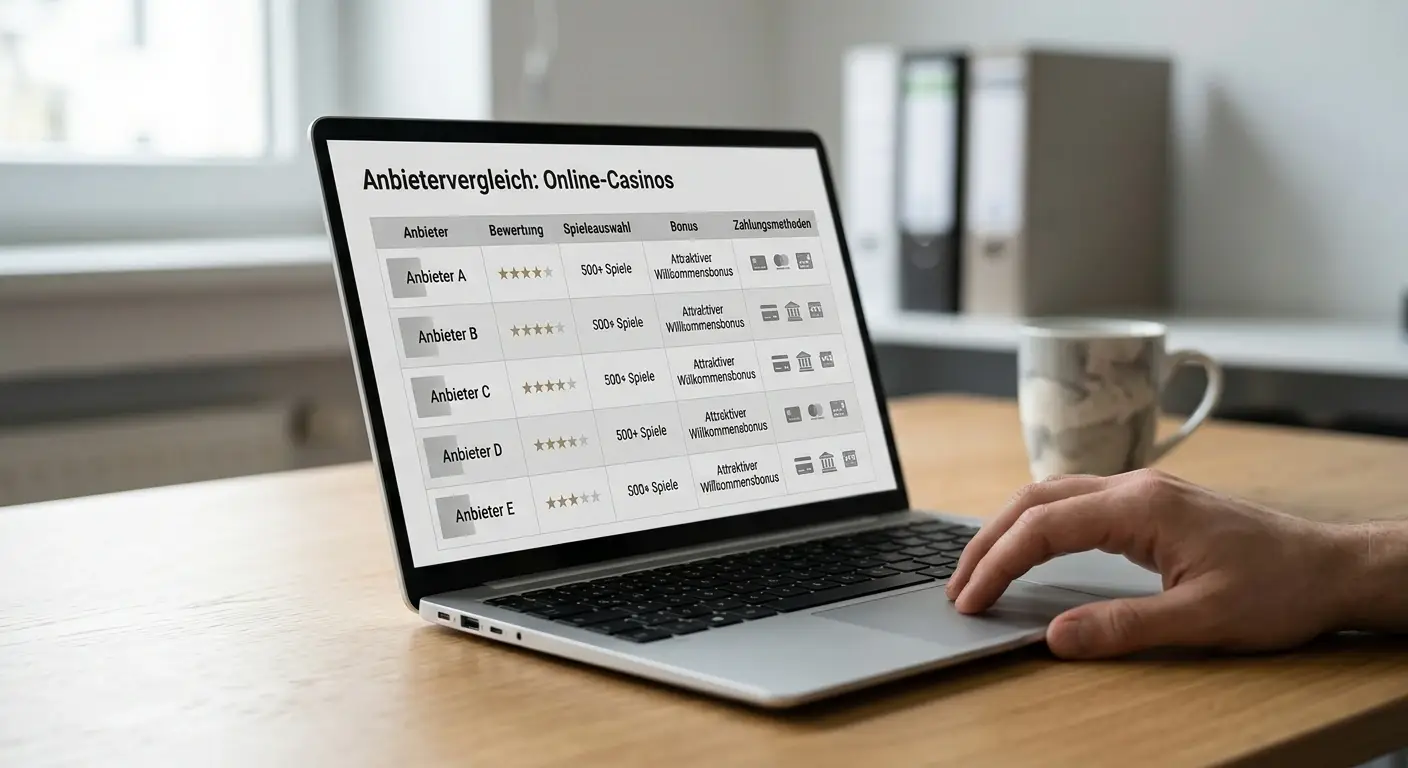Neutrale Vergleichsübersicht deutscher Casinoanbieter auf einem Laptop ohne Logos