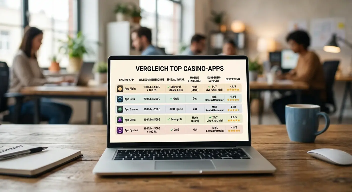 Vergleichstabelle verschiedener Casino-Apps auf einem Laptop-Bildschirm