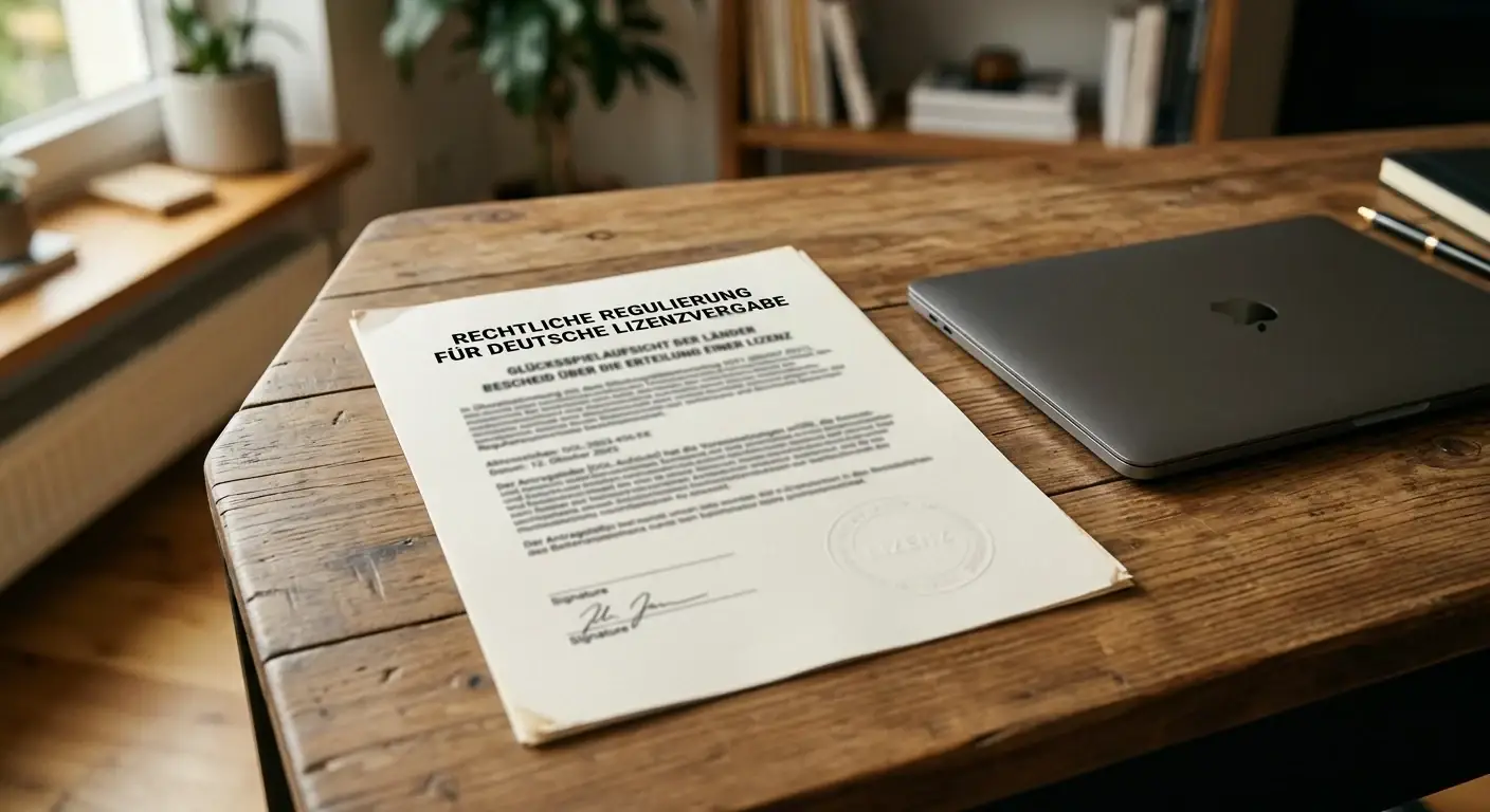 Amtliches deutsches Lizenzdokument mit Stempel neben einem Laptop als Sinnbild für die GGL-Regulierung