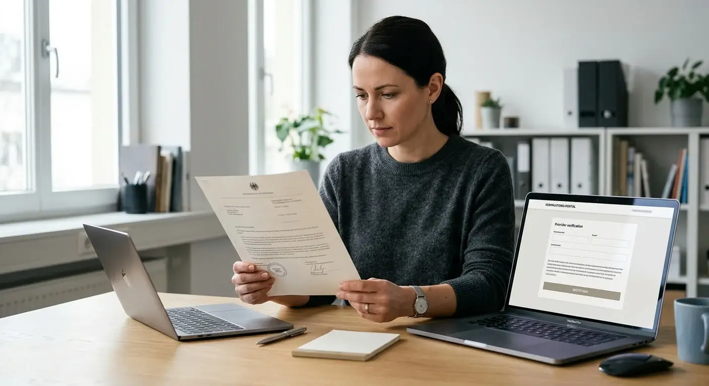 Neutrales deutsches Erlaubnisdokument neben einem Laptop mit Anbieterprüfung