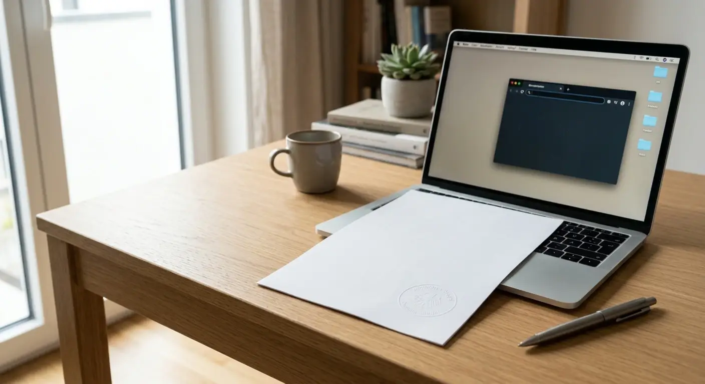 Neutrales amtliches Dokument mit Stempel neben einem Laptop als Sinnbild für den deutschen Glücksspielrahmen