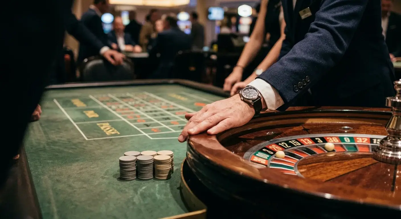 Hände eines Croupiers am Roulette-Kessel während einer Live-Übertragung