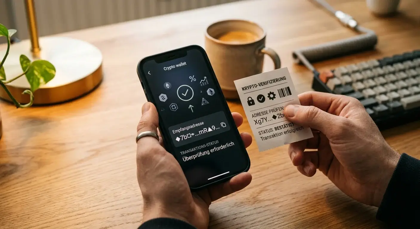 Person prüft eine Dogecoin-Transaktion mit Wallet-Adresse und Bestätigungsstatus