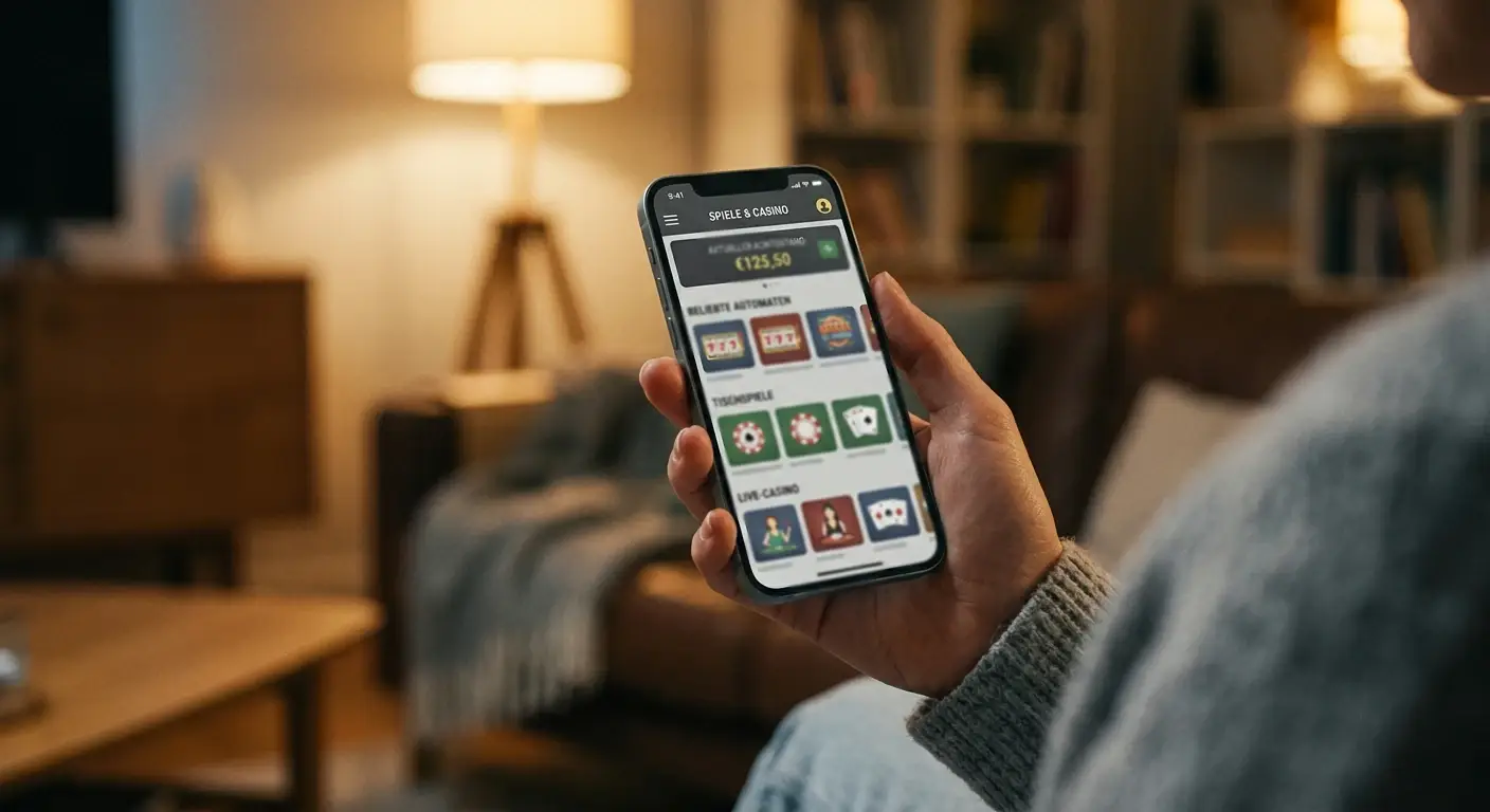 Hand hält ein Smartphone mit geöffneter Casino-App für das mobile Echtgeld-Spiel