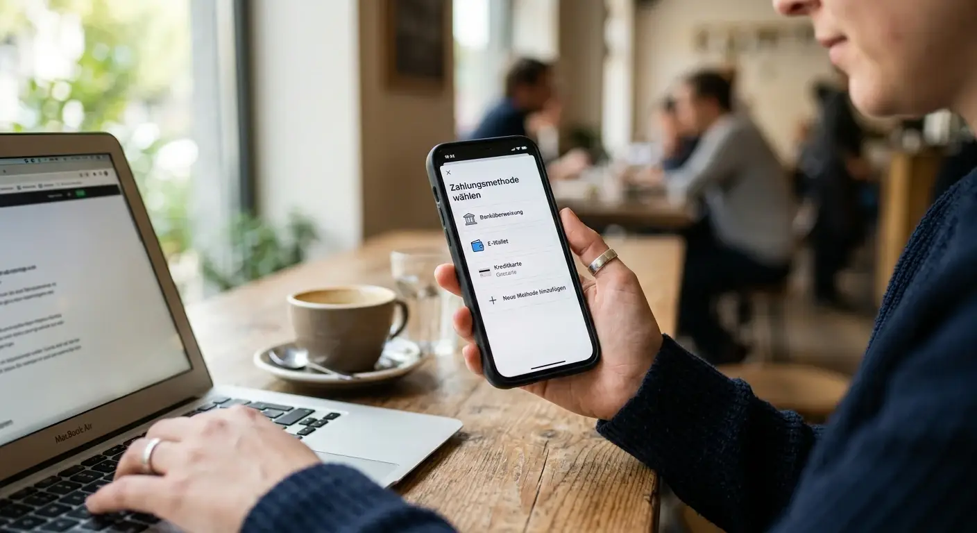 Kreditkarte und Smartphone mit Zahlungs-Interface auf Schreibtisch