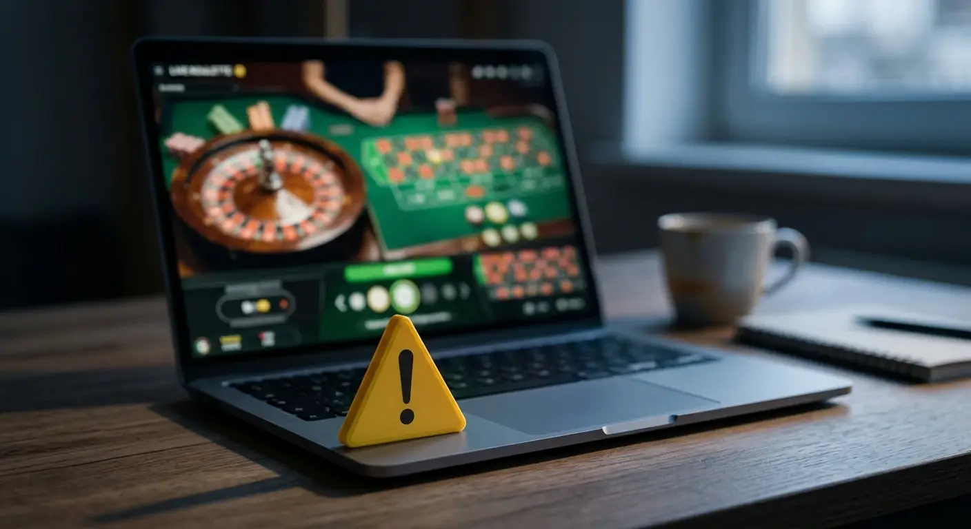Warnsymbol auf einem Bildschirm mit deutschsprachigem Live-Roulette ohne deutsche Lizenz