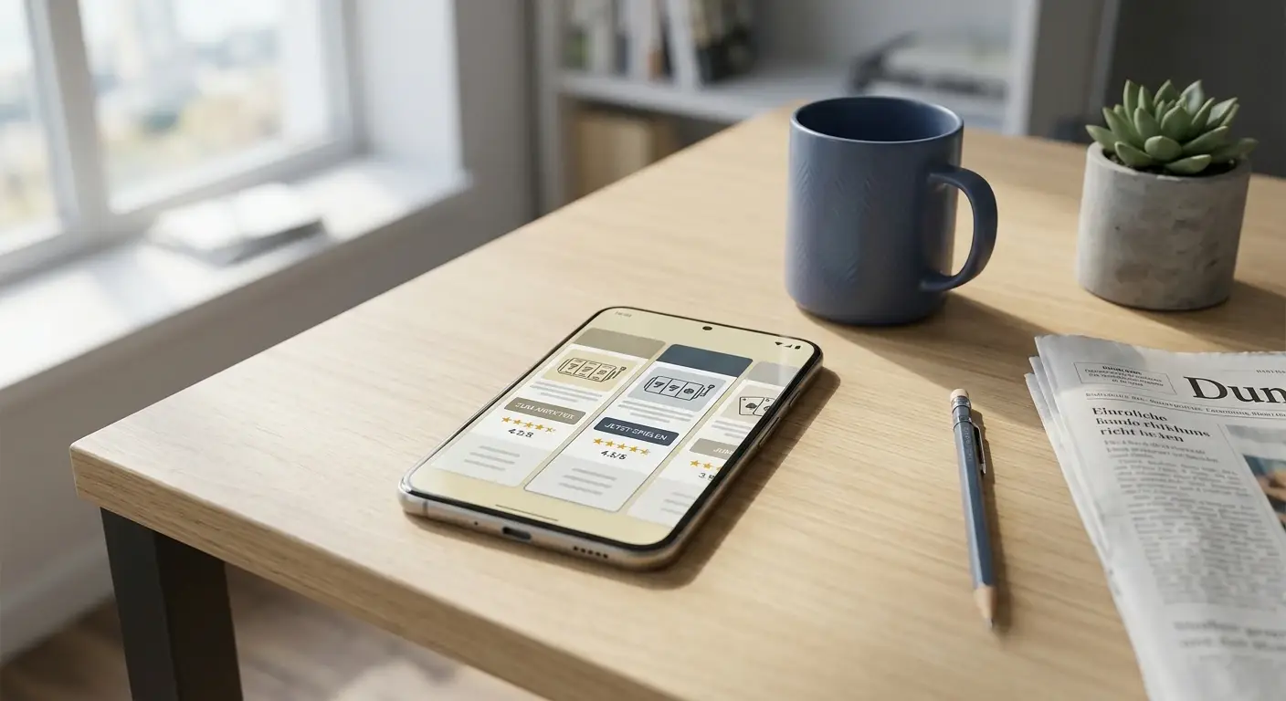Neutraler Vergleich von drei mobilen Casino-Zugängen auf einem Smartphone