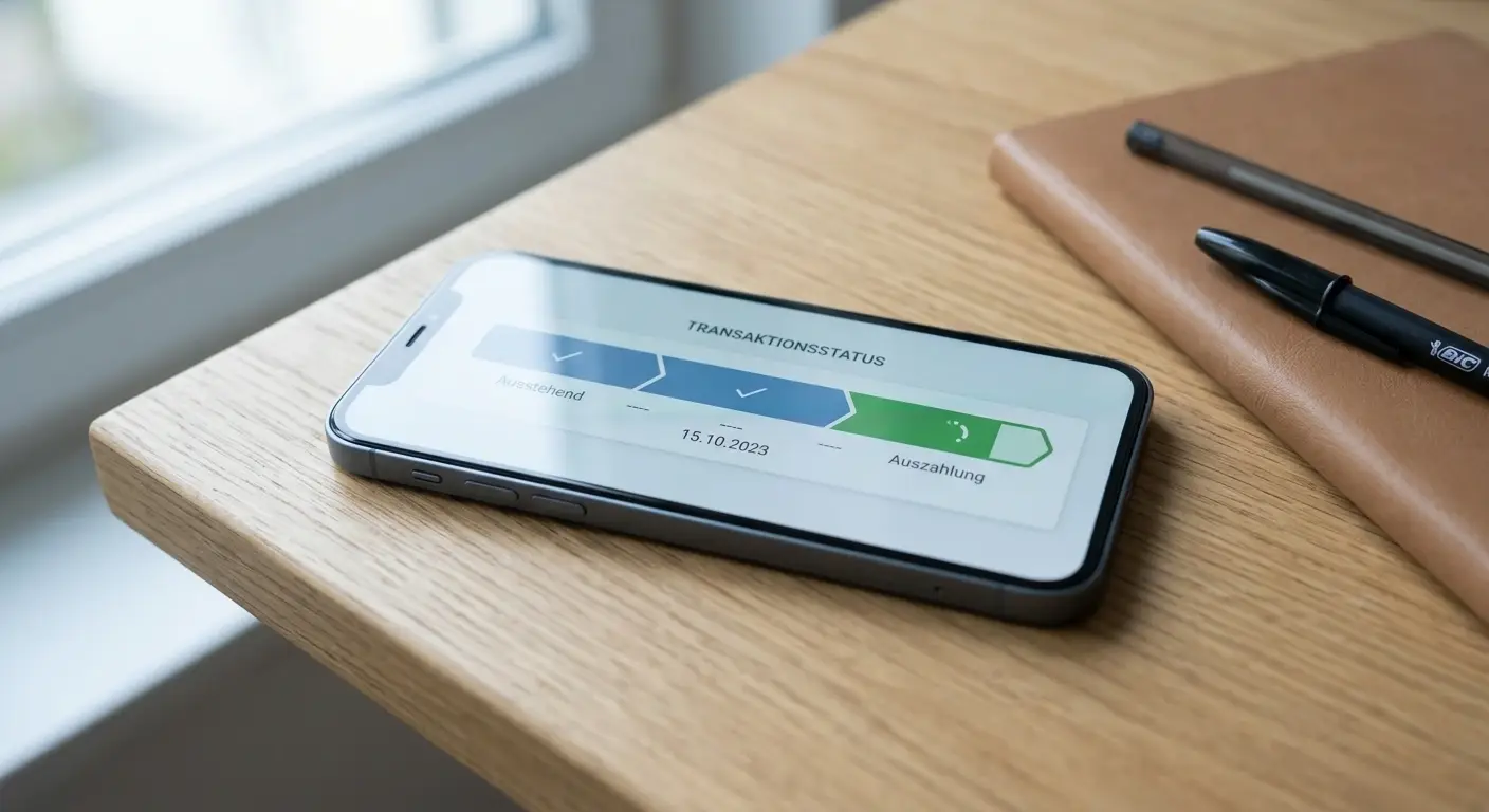 Sachliche Darstellung eines Auszahlungsstatus auf einem neutralen Smartphone