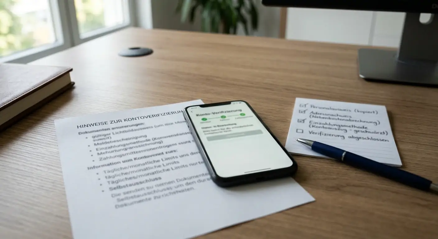 Schreibtisch mit neutralen Unterlagen zu Konto, Verifizierung und Spielregeln