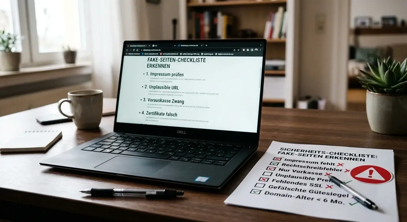 Laptop mit mehreren Browser-Tabs und Checkliste zum Erkennen von Fake-Casino-Seiten