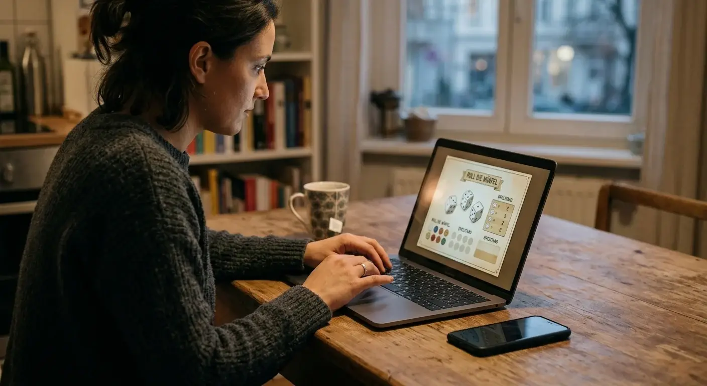 Spieler am Laptop startet eine Online-Craps-Runde am Küchentisch