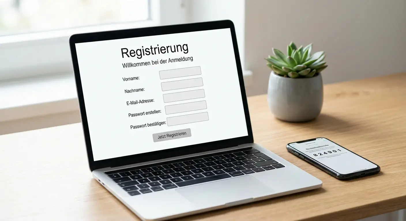 Registrierungsformular auf einem Laptop mit Smartphone daneben