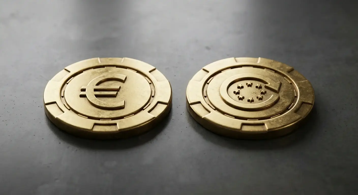 Zwei symbolische Casino-Chips mit € und Freispiel-Symbol im Vergleich