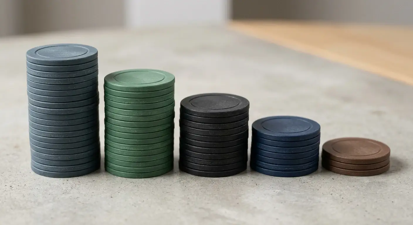 Stapel neutraler Spielchips in unterschiedlichen Höhen als Sinnbild für verschiedene Freispiel-Größen