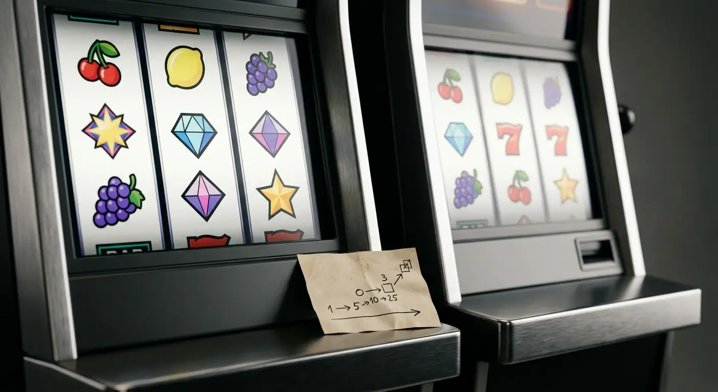Neutral dargestellte Spielautomaten mit markierter Freispiele-Staffel ohne erkennbare Marken