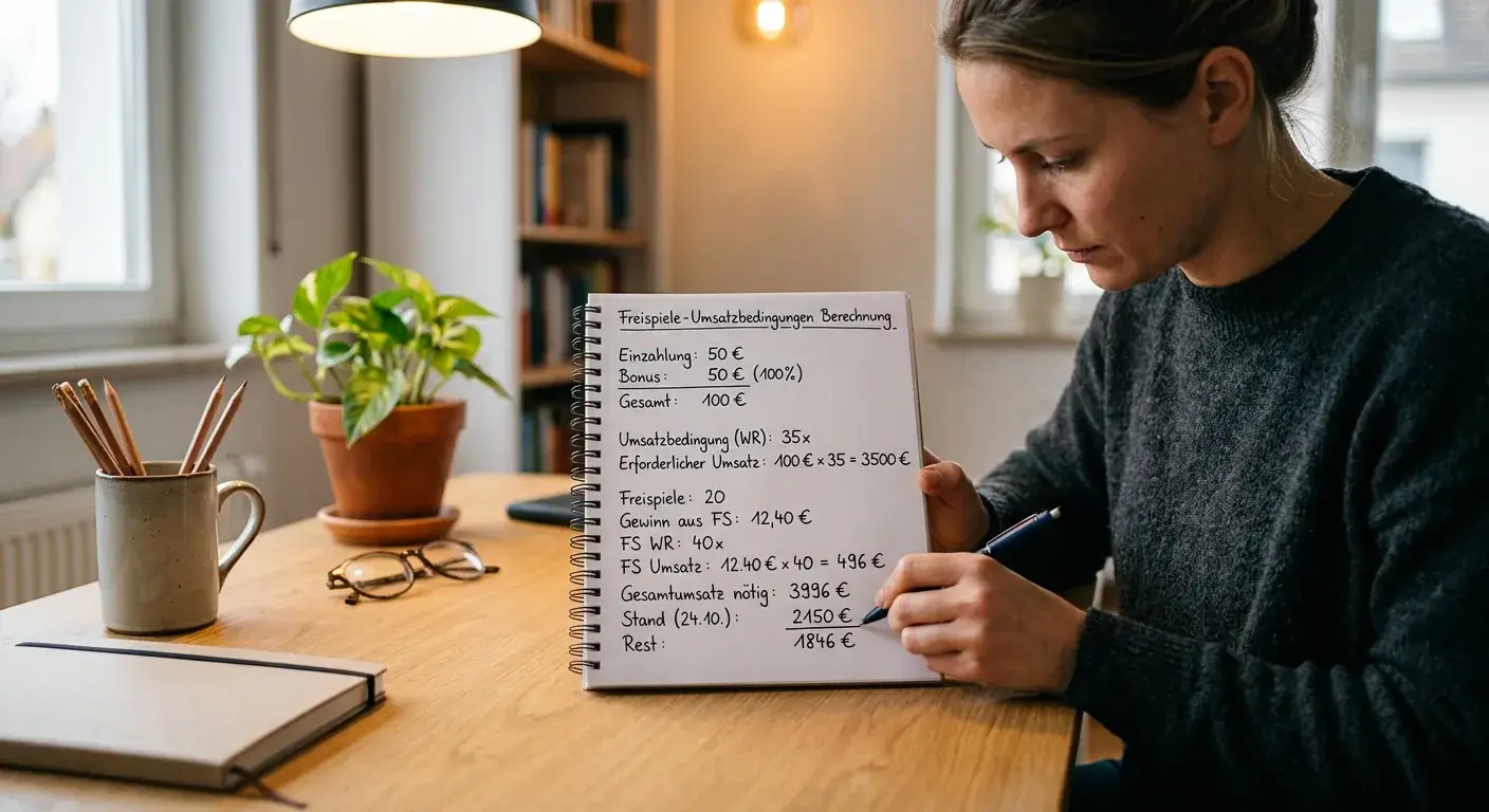 Person an einem Schreibtisch mit Notizblock und Stift, berechnet Zahlen auf Papier, kein Taschenrechner sichtbar