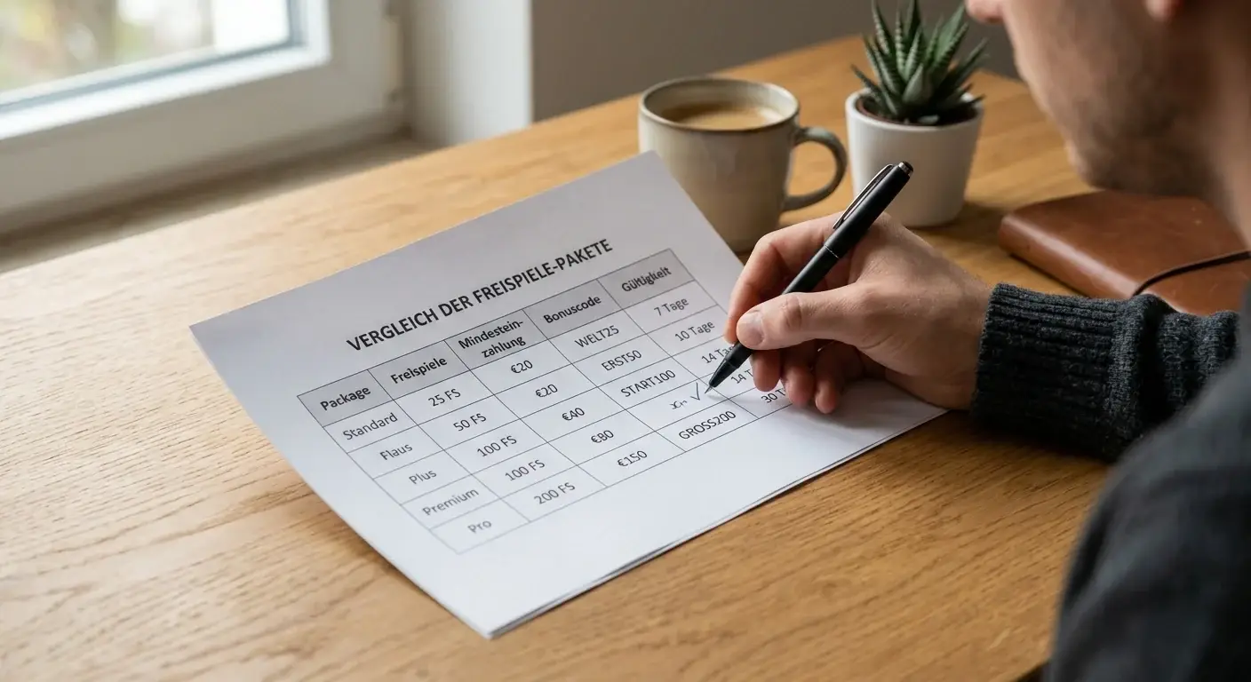 Übersichtliche Tabelle auf Papier mit verschiedenen Freispiel-Paketen und Zahlen, Person prüft mit Stift