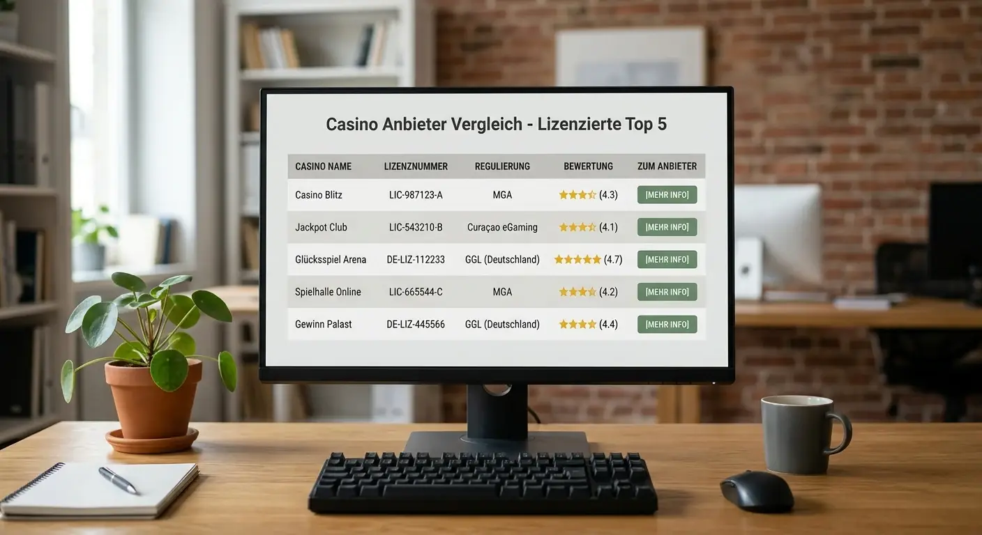 Übersichtstabelle mit Casino-Logos und Lizenznummern auf einem Monitor
