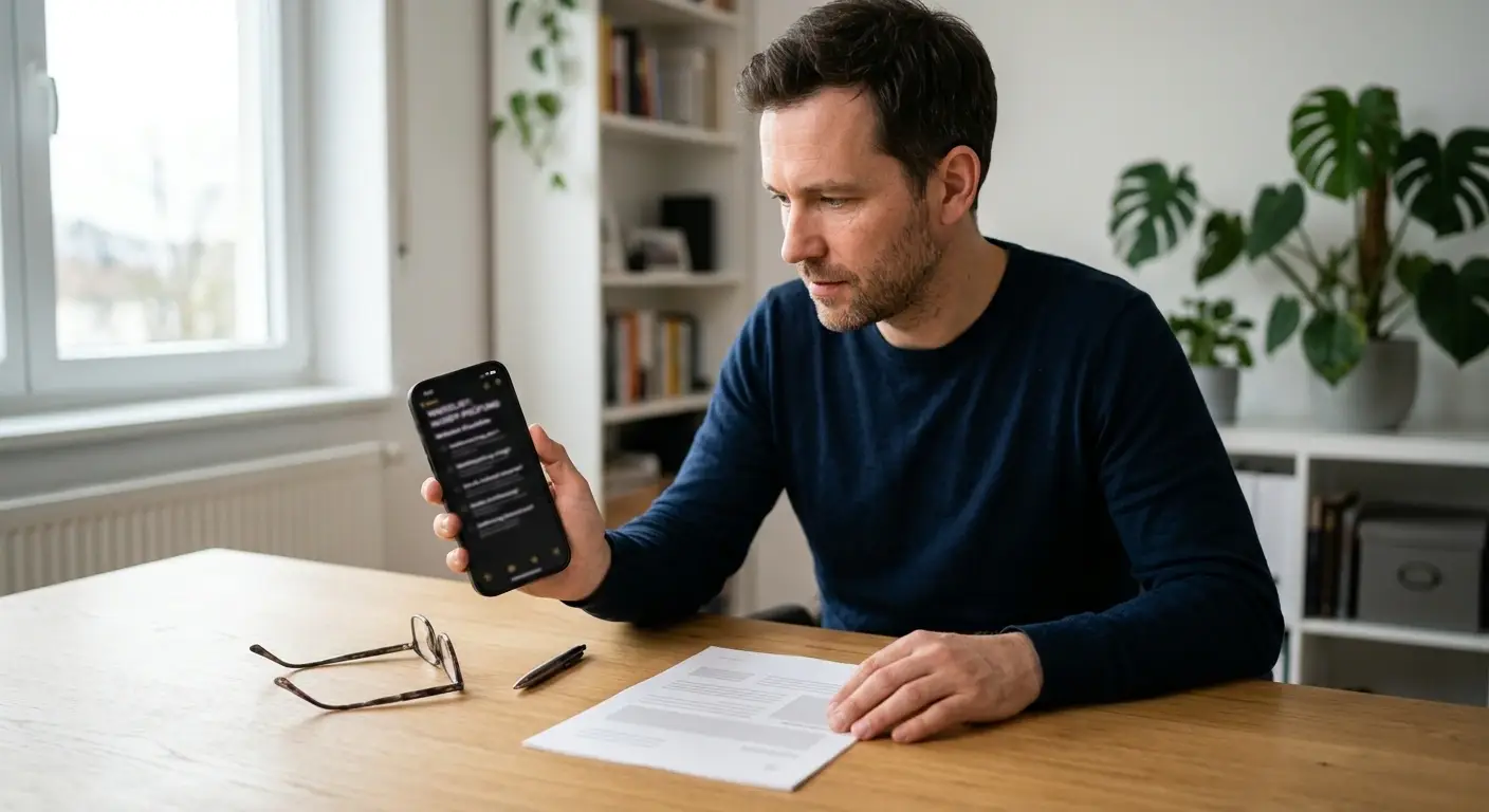 Person prüft eine neutrale Lizenz- und Betreiberübersicht auf einem Smartphone