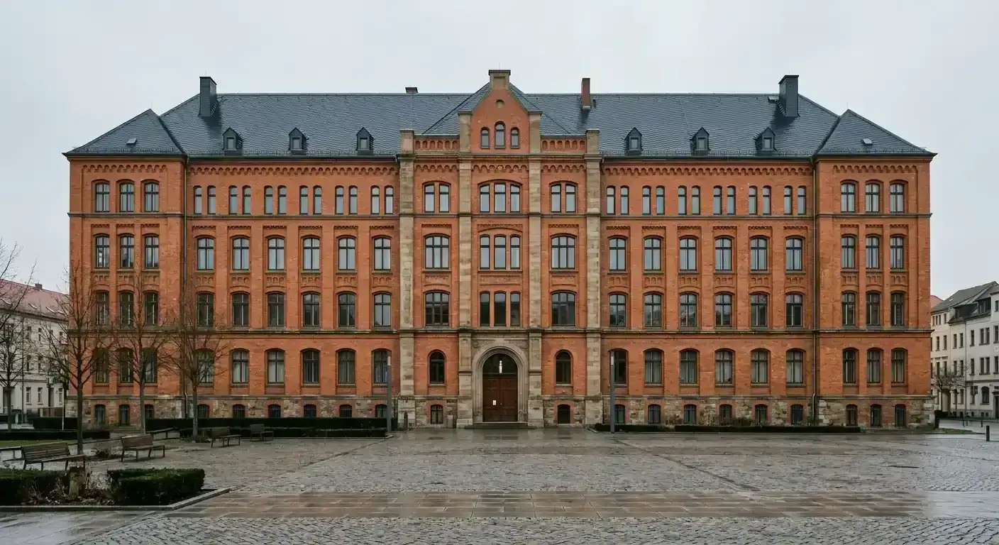 Nüchternes Amtsgebäude mit hoher Fensterfront in norddeutscher Backsteinarchitektur