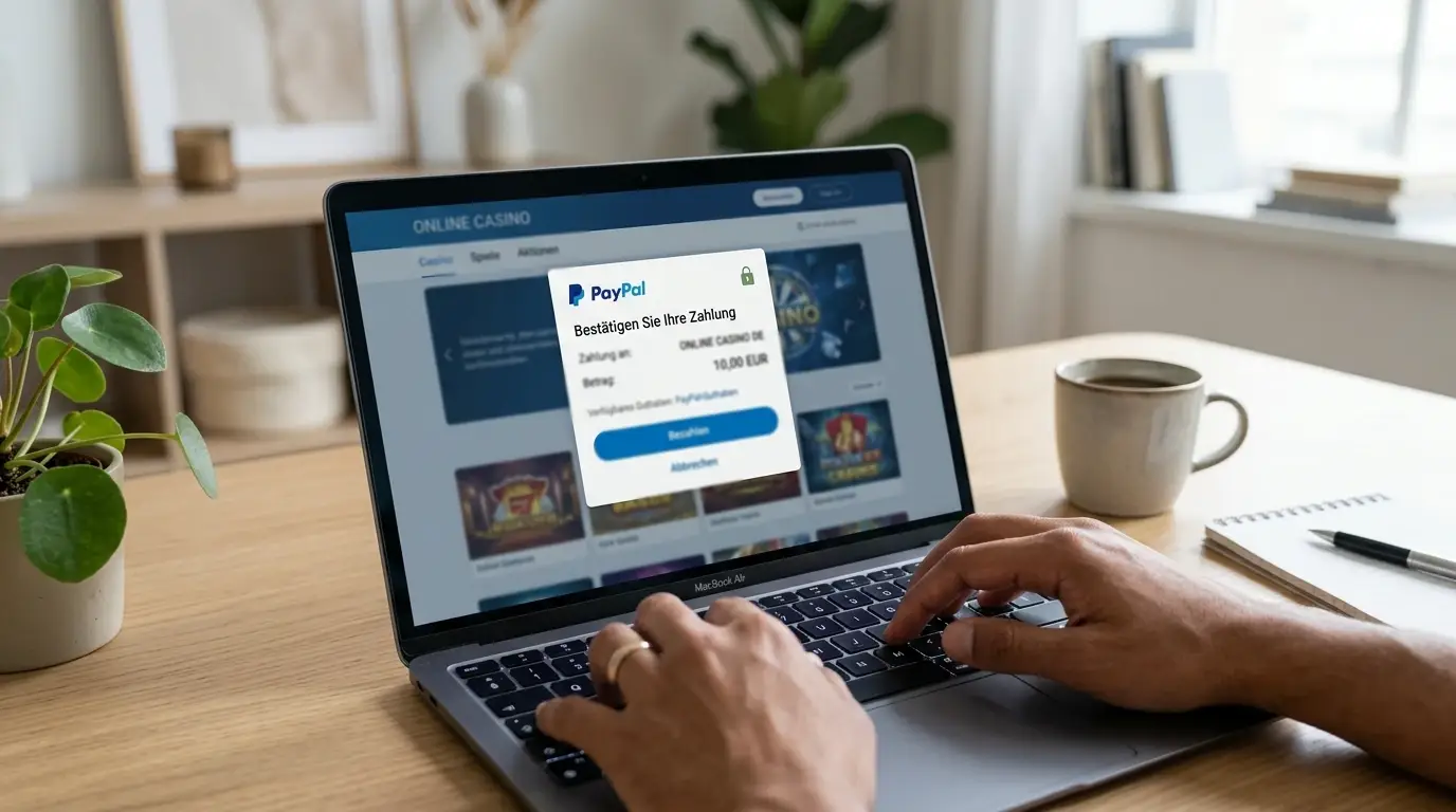Person am Laptop mit PayPal-Zahlungsbildschirm und deutschem Casino-Interface