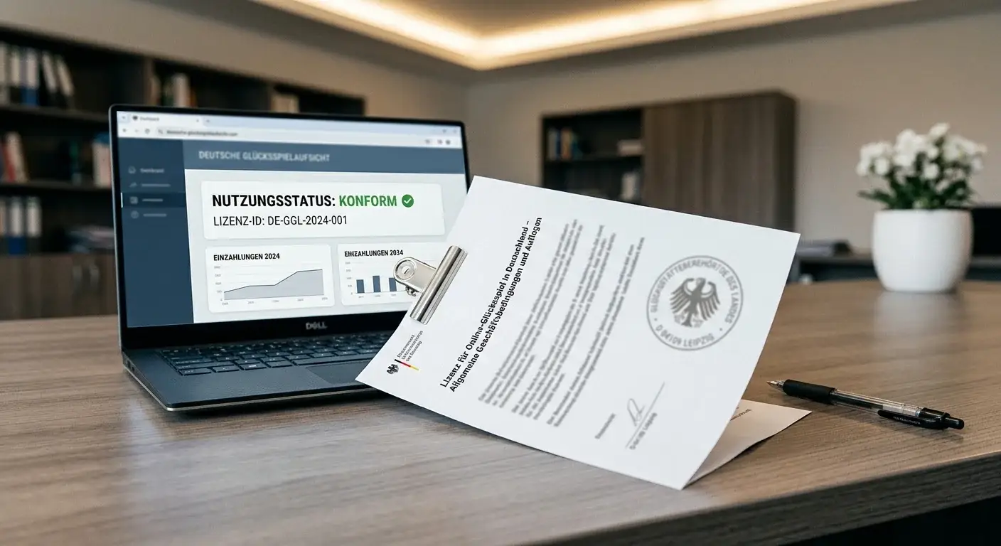 Schreibtisch mit deutscher GGL-Lizenz und Regulierungsdokument