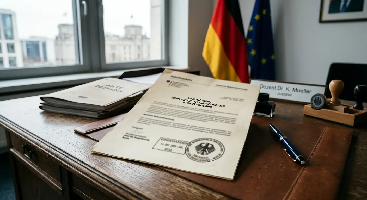 Offizielles Dokument mit Stempel und deutscher Flagge symbolisiert GGL-Lizenz