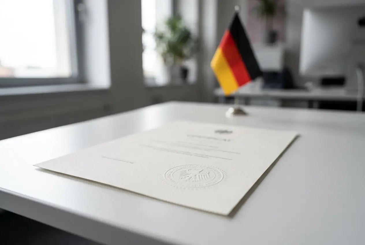 Stilisiertes GGL-Zertifikat und deutsche Flagge auf neutralem Hintergrund ohne Logos