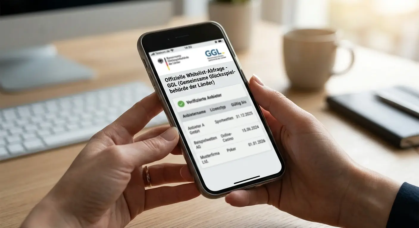 Smartphone zeigt offizielle GGL-Whitelist für Lizenzprüfung