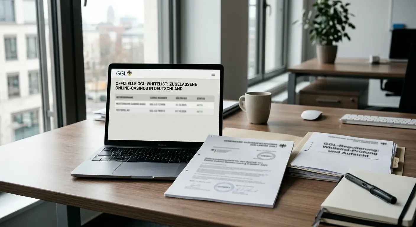Deutscher Schreibtisch mit GGL-Dokumenten und Laptop mit Whitelist