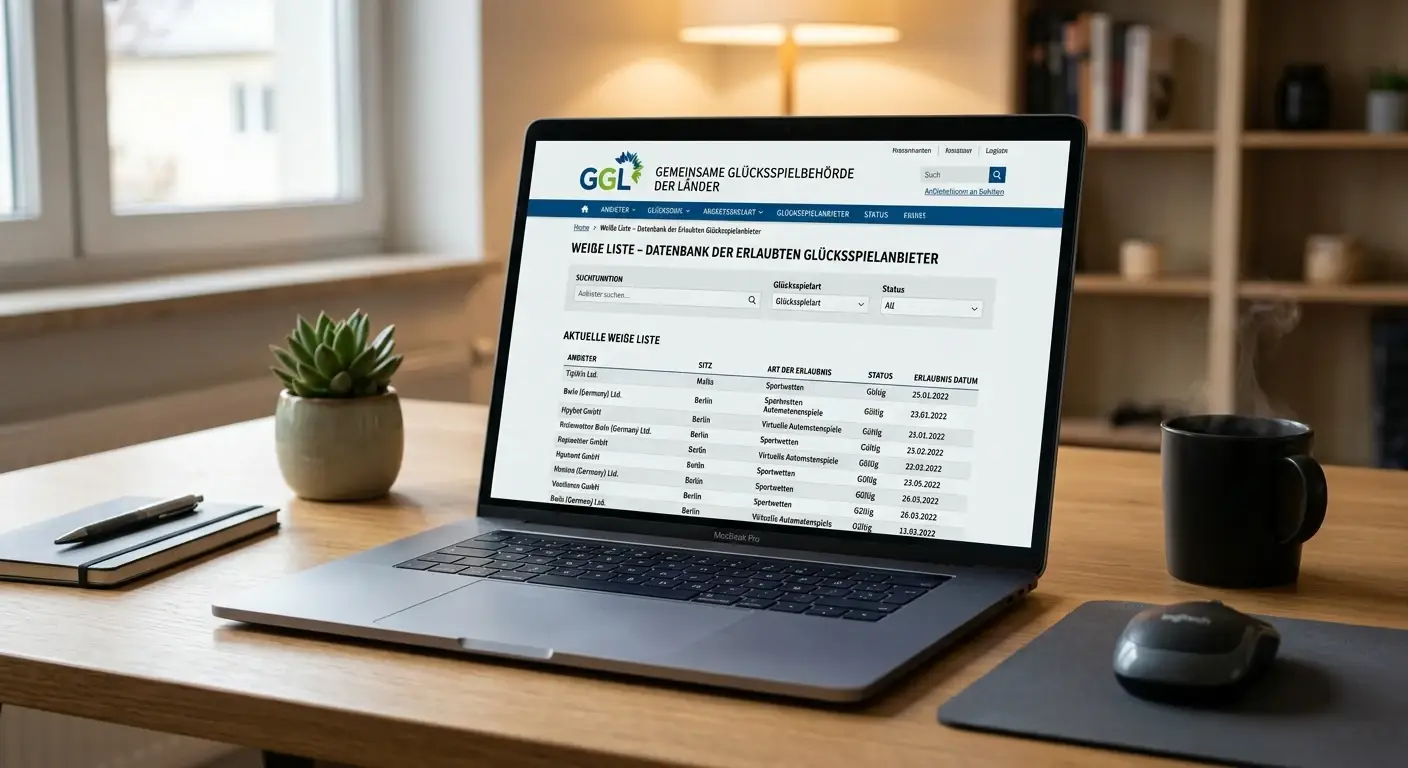 GGL-Whitelist auf Laptop-Bildschirm mit offizieller deutscher Behörden-Webseite