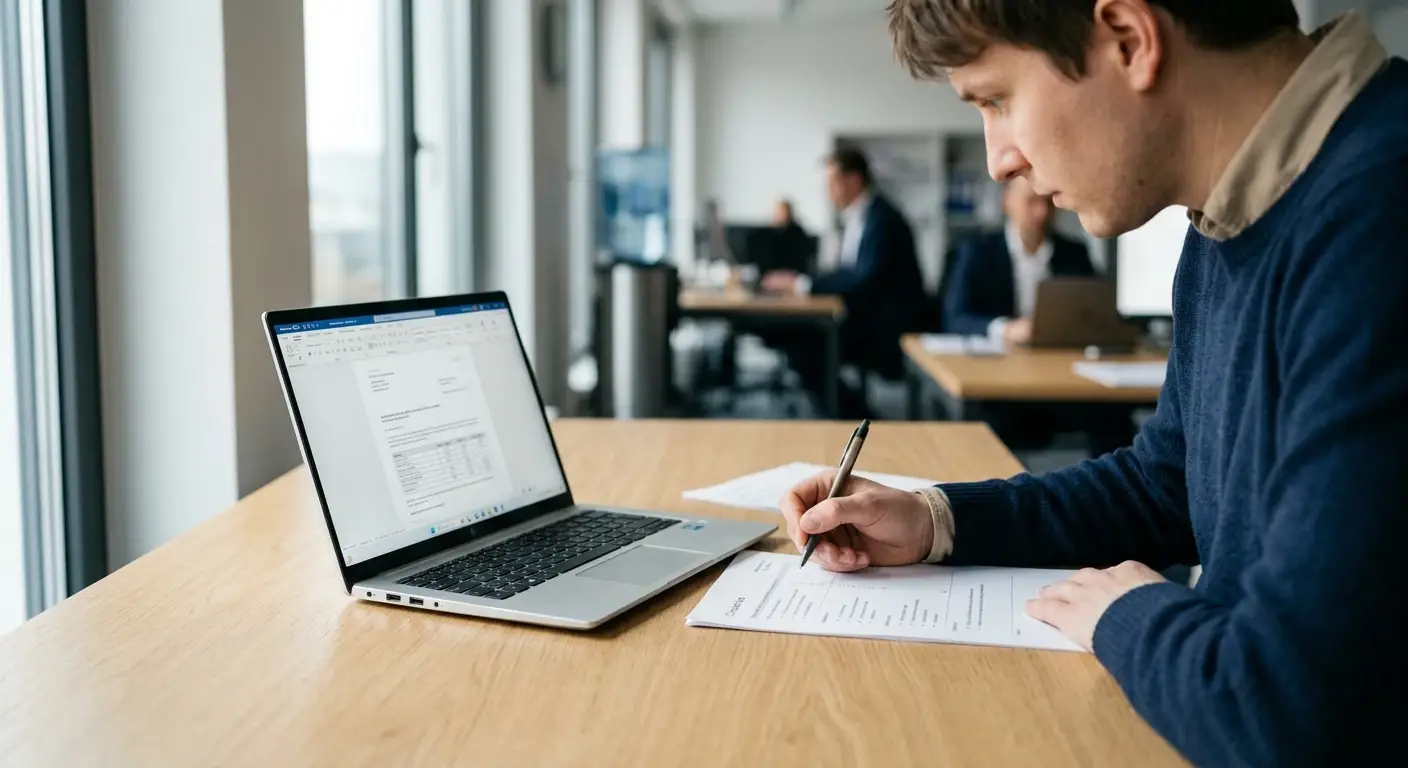 Neutrales deutsches Erlaubnisdokument und Prüfliste am Schreibtisch