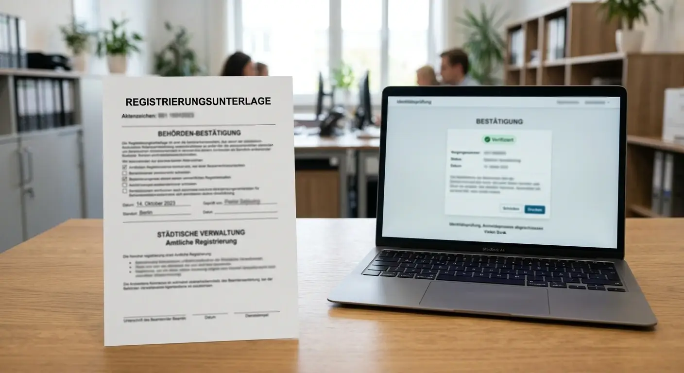 Neutrales offizielles Registerdokument neben einem Laptop mit geprüfter Casinodomain