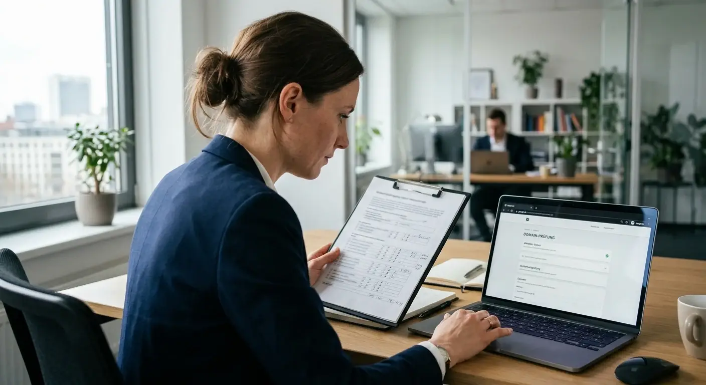 Person checking a neutral domain registry document and website address on laptop, no logos