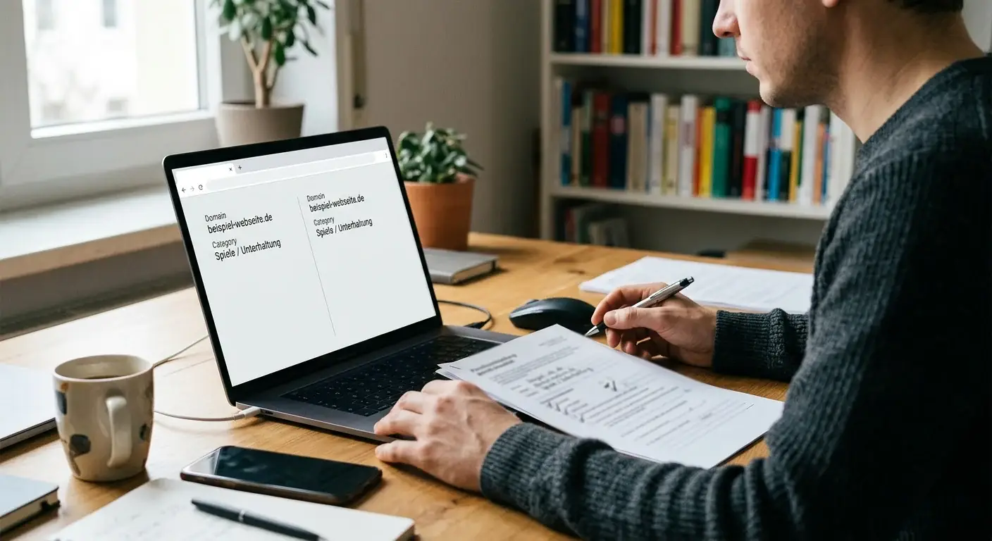 Neutrale Prüfliste mit Domain, Erlaubnis und Glücksspielart neben einem Laptop