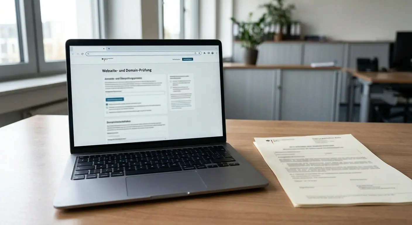 Schreibtisch mit neutralem Lizenzdokument und Laptop zur Domainprüfung