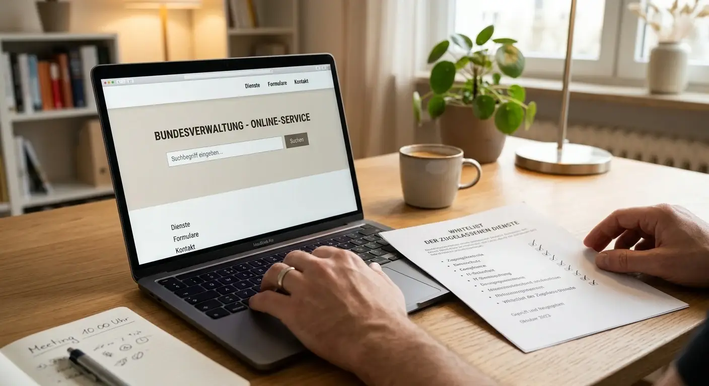 Person prüft GGL-Whitelist auf Laptop mit ausgedruckter Checkliste