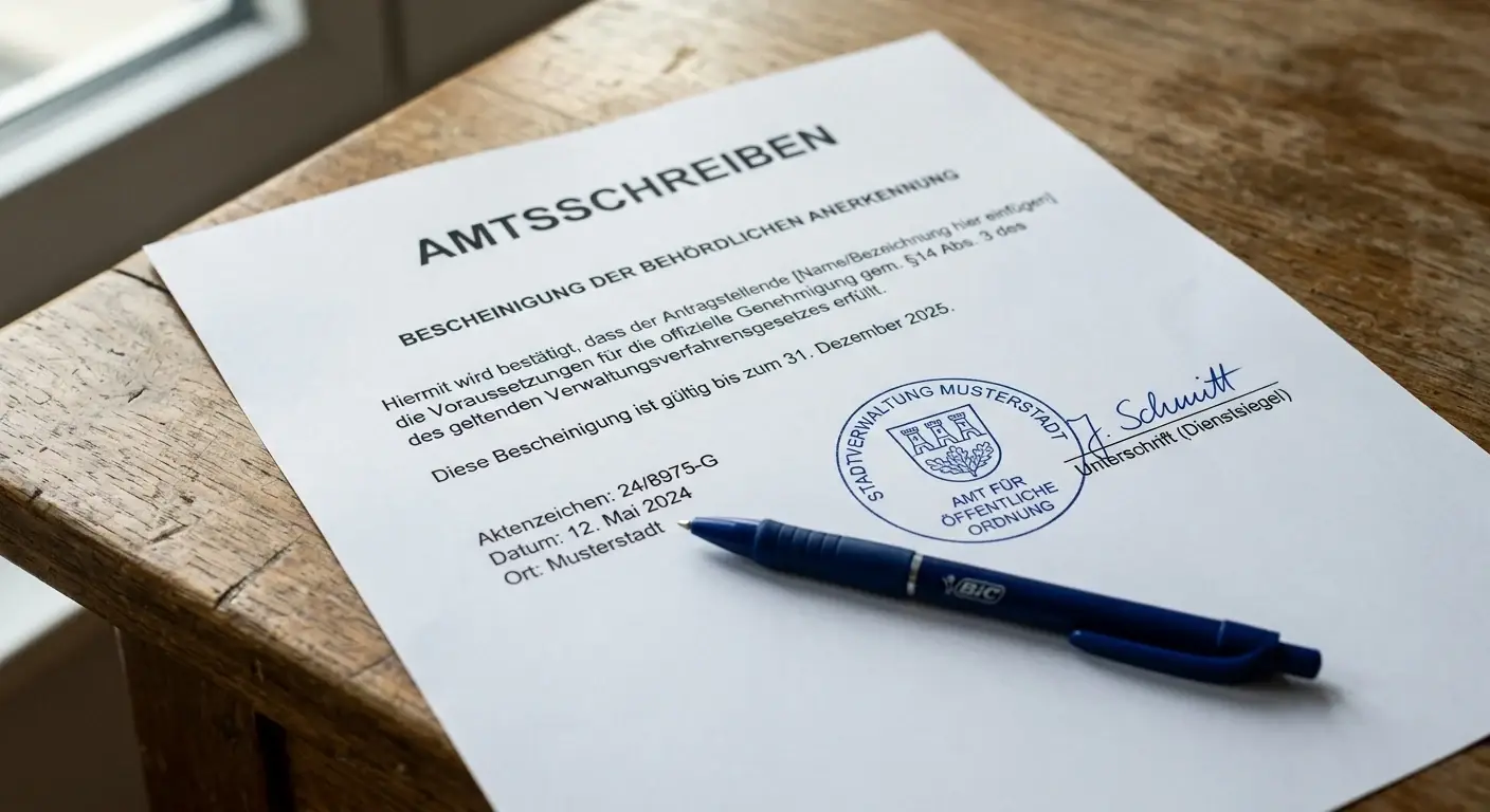 Offizielles Dokument mit Siegel und Stift auf Schreibtisch