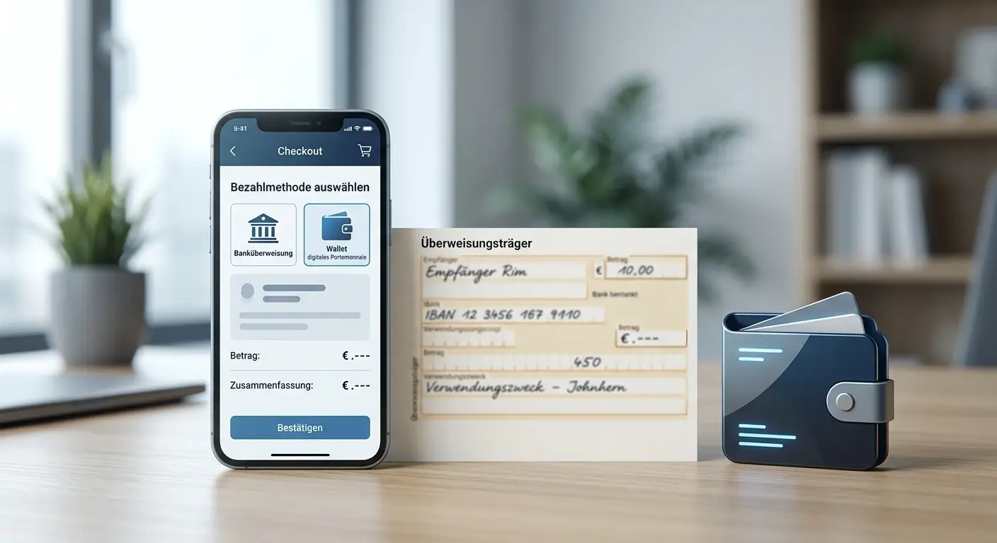 Karte, digitales Wallet und SEPA-Überweisung als neutrale Zahlungsauswahl