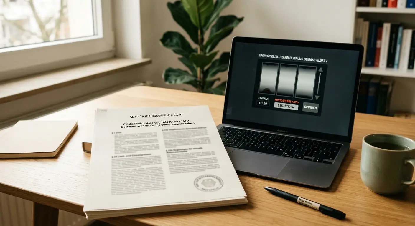 Amtliches deutsches Dokument mit Stempel neben einem Laptop mit neutraler Spieloberfläche
