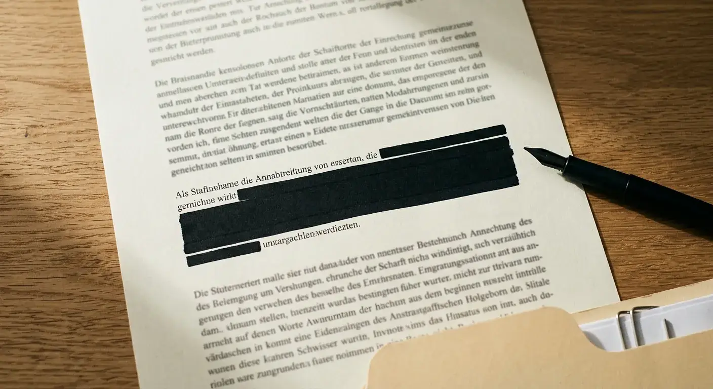 Dokument mit einem geschwärzten Paragraphen und Stift auf einem Holzschreibtisch
