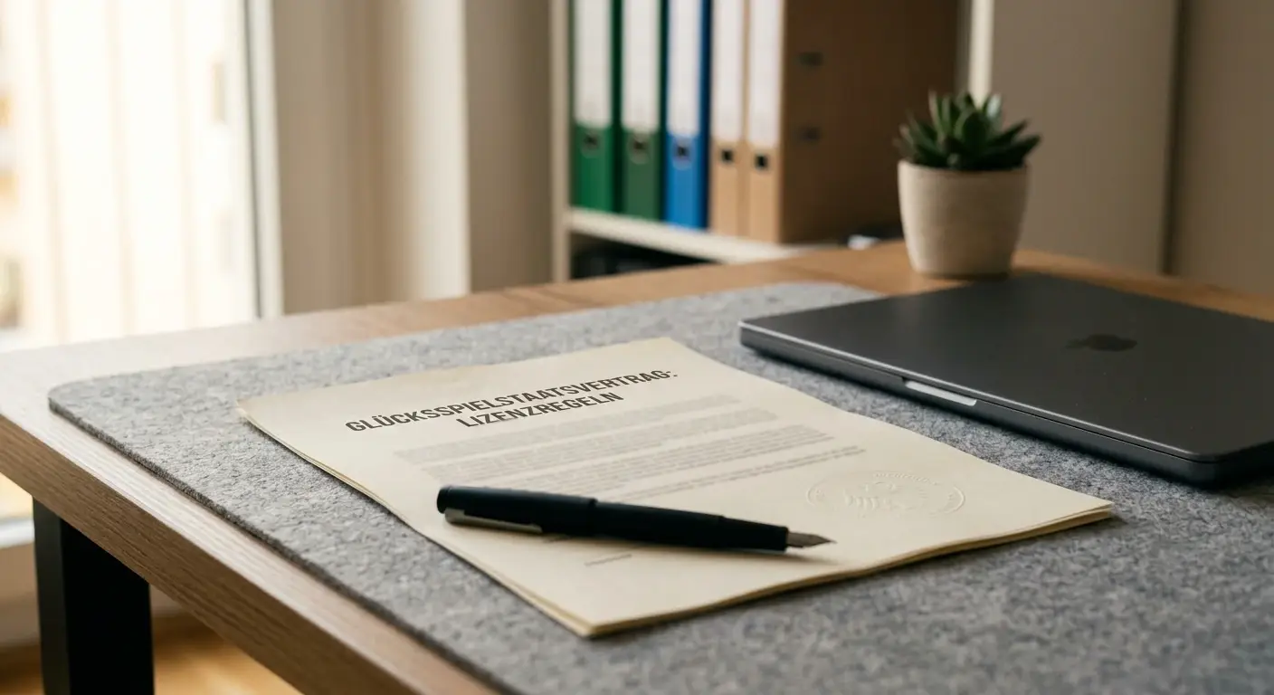 Deutsches Lizenzdokument mit Stempel neben einem Laptop als Symbol für die GGL-Regulierung
