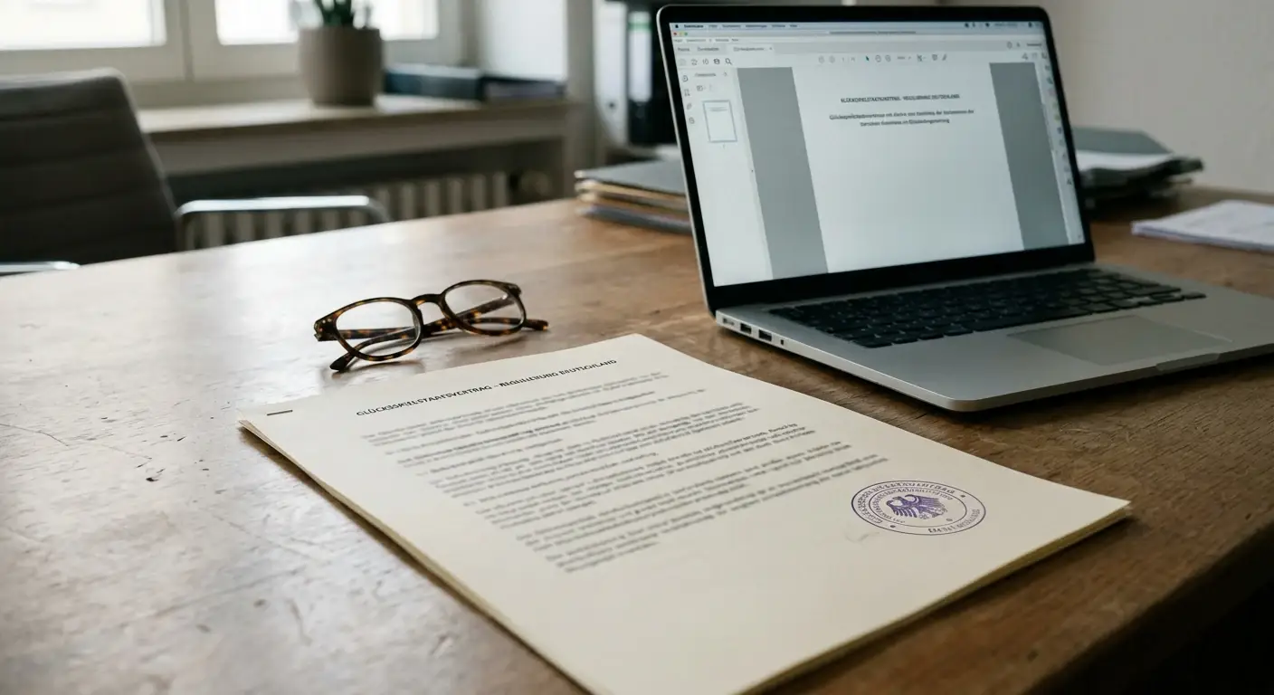 Amtliches Dokument mit Stempel neben einem Laptop als Sinnbild der deutschen Glücksspielregulierung